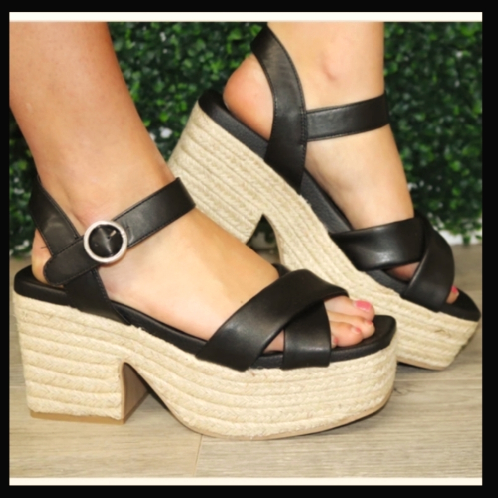 Mia stunning jute braid braided thick heel platforms w black vegan leath…